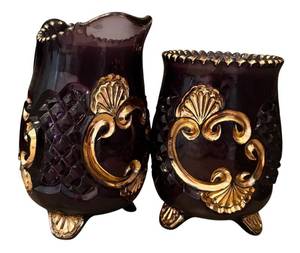 lot 354H image: K Antique Early American Pattern Glass Amethyst Pressed Glass Spooner and Toothpick Holder  Antique Riverside Work Croesus Pattern Toothpick Holder and Creamer