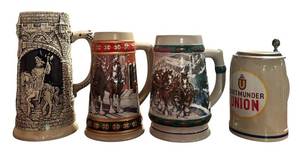 lot 356H image: K - Budweiser Hometown Holiday Stein Collection 1993 Ceramarte Handcrafted Set of 4