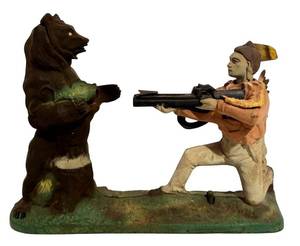 lot 385H image: LL - The Book of Knowledge Cast Iron Bank - Native American Hunter Vs Bear