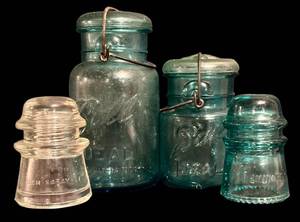 lot 423H image: LL - Vintage Hemingray Glass Insulators & Ball Ideal Jugs - 4-Piece Lot