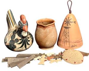 lot 437H image: LL - Olde Village Hand-Painted Ceramic Rooster, Pitcher & 13 in Wind Chime Lot