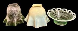 lot 438H image: LL - Three Green Glass Items - Largest Ruffled-Edge Compote on Pedestal
