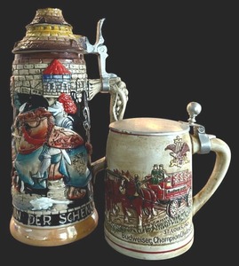 lot 490H image: LL - Budweiser Ceramarte Stein Set - 2 Ceramic Steins