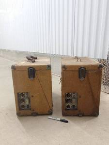 lot 9 image: Vintage Silent Speed Film Projector Pair in Brown Burlap Cases