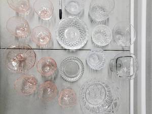 lot 11 image: Crystal Cut Glassware Collection - Clear & Pink Goblets, Bowls & Dishes