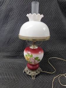 lot 20 image: Vintage Painted Glass Rose Table Lamp with Milk-Glass Shade & Ornate Base