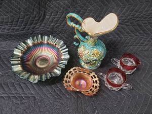 lot 22 image: H. Bequet Quaregnon Belgium Majolica Pitcher Vase #265 Turquoise Floral