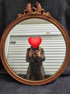 lot 26 image: Ornate Round Mirror with Crest Top - Carved Wood Frame, Antique Style