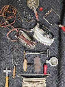 lot 30 image: Vintage Irons & Kitchen Tools Lot - Coal & Electric Irons, Whisks, Graters & Presses