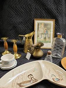 lot 31 image: Vintage Brass Pitchers India 729 & England 530 - Candlesticks, Decanter, Framed Nativity Print