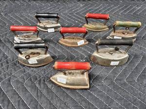 lot 47 image: Vintage Flat Irons (Lot of 9) - Wooden Handles, Cast Iron Bodies