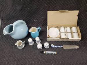 lot 70 image: Blue Ceramic Pitcher Lot - Includes 6 Demitasse Sets, Salt Shakers & Glassware