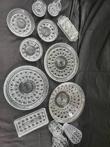 lot 77 image: Crystal Pressed Glassware Set - Round Plates, Bowls, Tumblers & Butter Dish