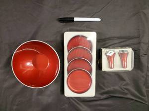 lot 79 image: Red Coasters Set of 4 with Salt & Pepper Shaker Pair and Red Bowl on White Tray