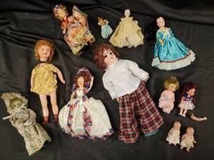 lot 83 image: Vintage Doll Lot - Assorted PorcelainBisque Heads, Cloth Bodies & Dresses