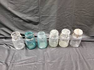 lot 87 image: Ball & Atlas Mason Jars with Bail Lids - 6 Vintage Glass Jars, ClearBlue