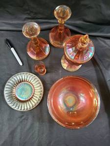 lot 94 image: Orange Iridescent Carnival Glass Compote Set with Lidded Pedestals and Plate