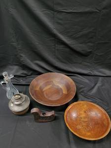 lot 99 image: Real Walnut Wood Bowls, Glass Decanter, Oil Lamp & Carved Wood Piece - Vintage Decor Lot