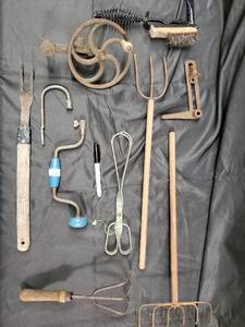 lot 101 image: Antique Garden Tools Lot - Hand Rake, Cultivator, Wheel Tool & Wire Brush