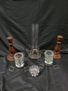 lot 106 image: Vintage Oil Lamp with Chimney, 2 Wood Candlesticks, Glass Hurricane Holders