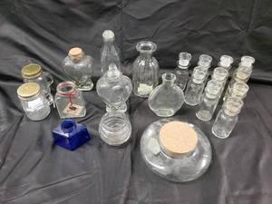 lot 108 image: Honeycomb Glass Jar with Cork Lid - Vintage Apothecary Bottles & Mini Vials Lot