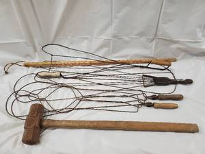 lot 120 image: Vintage Fireplace Tools Lot - Sledgehammer & Iron Hearth Tools with Wooden Handles