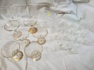lot 123 image: Crystal Glassware Lot - Champagne Coupes With Gold Rims, Clear Tumblers, Cut-Crystal Decanter