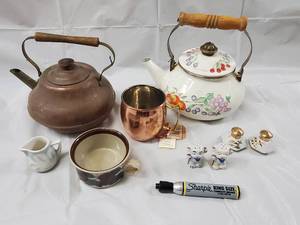 lot 126 image: Vintage Teapots, Copper Mug, Cream Pitcher, Bowl & Ceramic Cat Figurines - Kitchenware Lot