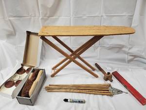 lot 127 image: Vintage Wooden Ironing Board - X-Frame with Tools & Accessories Lot