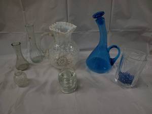 lot 128 image: Glassware Lot - Blue Decanter, Daisy-Patterned Frosted Vase & Clear Bottles