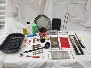 lot 130 image: Colmans Mustard Tin, Everflo Bottle, French Garnishing Cutter - Vintage Kitchen Utensil Lot