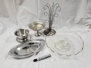 lot 135 image: Silver Plate Serving Set - 6-Piece Oval Beaded Edge Tray, Pedestal Bowls, Glass Cake Stand, Glass Compote