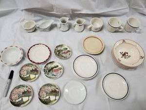 lot 157 image: Porcelain Transferware Dinnerware Set - Scenic Village Prints (Cups & Plates)