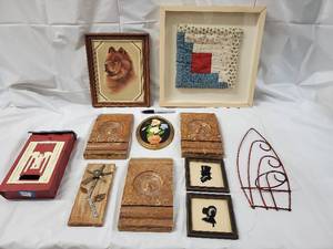 lot 161 image: Vintage Wall Decor Lot - Framed Dog Portrait, Quilt Block & Rustic Wood Panels