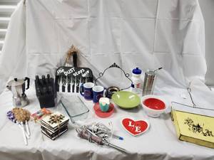 lot 174 image: Assorted Kitchenware & Decor Lot - Moka Pot, Boise State Mugs (2), Glass Dish