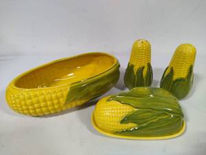 Shawnee Pottery - Corn King Casserole, Covered Butter Dish & Large Salt & Pepper Shaker Set