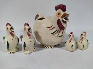 lot 52 image: Shawnee Pottery - Chanticlear Rooster Pitcher, Tall and Short Salt & Pepper Shaker Sets