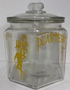 lot 6 image: Vintage Antique 1930s Planters Peanuts Mr. Peanut Glass Hexagonal Advertising Jar