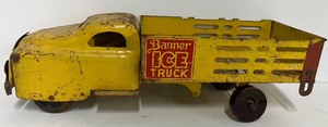 lot 10 image: Banner Toys Pressed Steel Toy Ice Truck Yellow Truck 1930-1940s