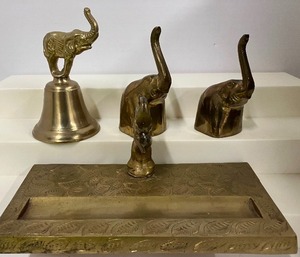 lot 35 image: Brass Elephants Lot of 4 Bell, Minatures, Inkwell Plate