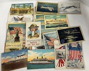 lot 38 image: Antique Vintage Postcard Lot Patriotic Military Ships Airplanes Misc