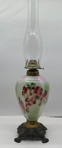 lot 27 image: Hand Painted Antique Glass Oil Lamp Gone with the Wind Lamp ornate brass base 24