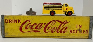 lot 76 image: Wooden Coke Crate, Coca-Cola Bottle Opener and Miniature Truck