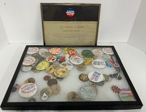 lot 85 image: Vintage Pinback Buttons and Display Case