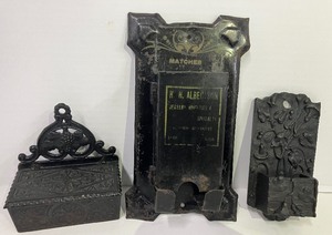 lot 91 image: Lot of 3 Cast Iron and Tin Match Holders Antique Vintage