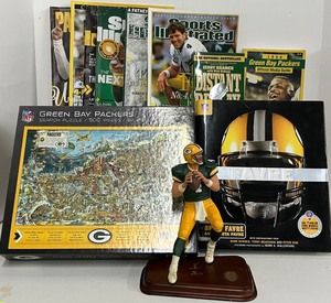 lot 97 image: Lot of Green Bay Packers Collectibles, Puzzle, Magazines, Brett Favre Danbury Mint 8PC
