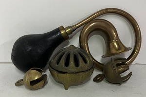 lot 99 image: Brass Incense Burner, Elephant Claw Bells and Horn