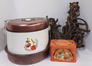 lot 105 image: Vintage Kitchen Lot Metal Triple Carrier Pie and Cake Carrier, Recipe Box and Syoroc Fighting Roosters