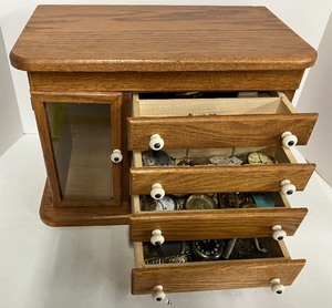 lot 114 image: Wood JewelryDresser Case with Drawers-Filled with Watch Parts