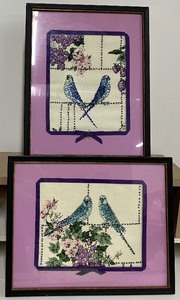 lot 124 image: Set of VintageBeaded Pictures Framed Lovebirds Parakeets